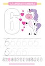 Funny children flashcard number six. Unicorn with hearts learning to count and to write. Coloring printable worksheet for kinderga Royalty Free Stock Photo